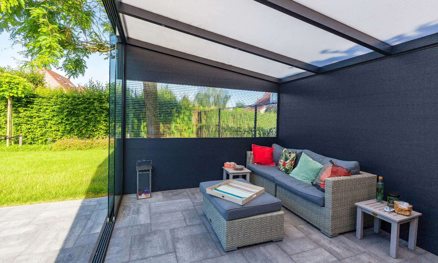 Ribollo Aluminium Veranda free standing with glass wall to the front