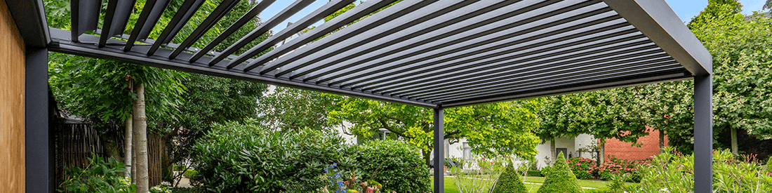 A pergola with automatic louvered panels provide sun, shade and fresh air