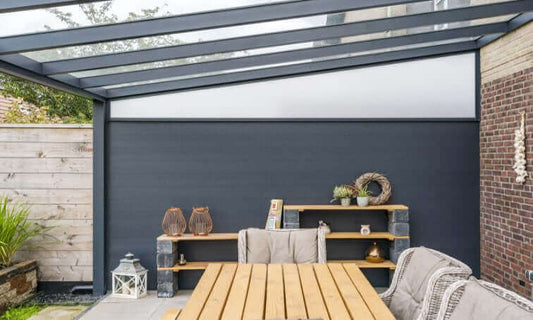 Grillo aluminium side wall panels, providing privacy and protection for your veranda or pergola, with minimal maintenance