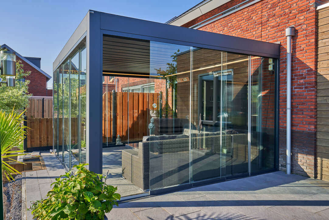 Pinela - The Louvered Roof Garden Pergola with Sliding Glass Walls