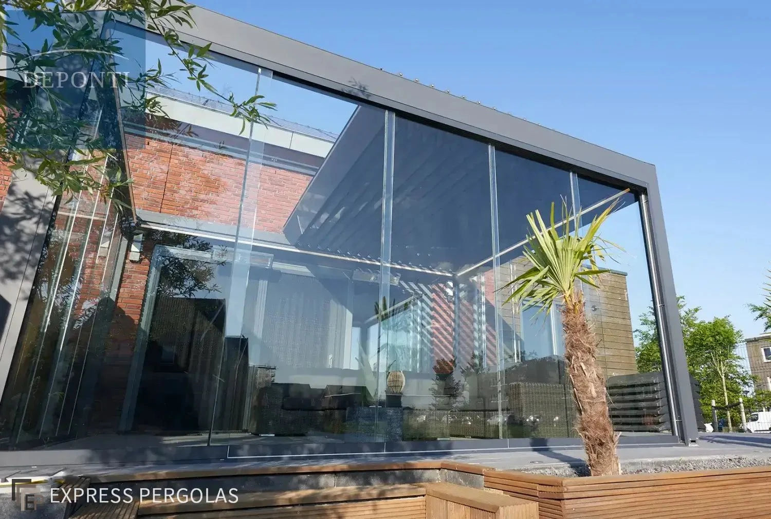 Pinela Deluxe Pergola glass room a sliding roof pergola and glass sides