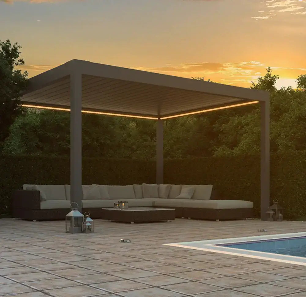 Pinela Deluxe - The Free Standing Retractable Roof Pergola at night